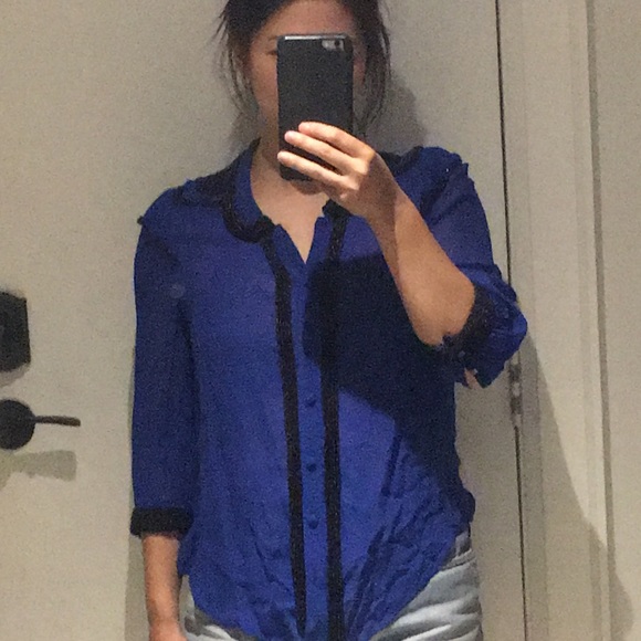 Sheer embellished blue French connection blouse - Picture 2 of 5